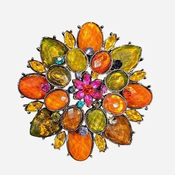 vintage boho whimsigoth jewel tone flower large brooch - Picture 1 of 3